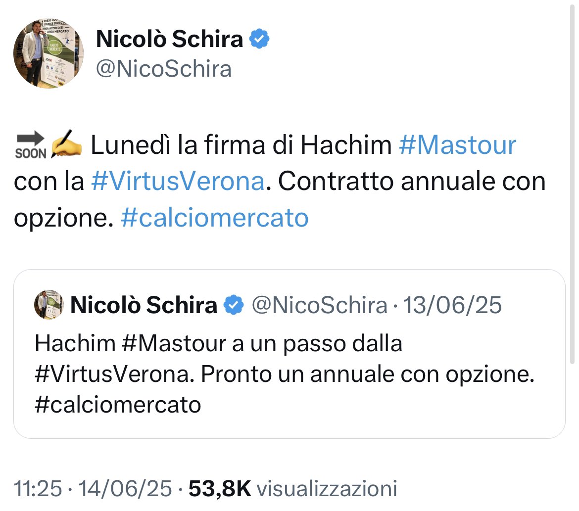 NicoSchira's tweet photo. Ora è ufficiale! Hachim #Mastour alla #VirtusVerona. Contratto annuale con opzione. Tutto confermato dallo scorso 13 Giugno! #calciomercato https://t.co/oC1NAB8qz0