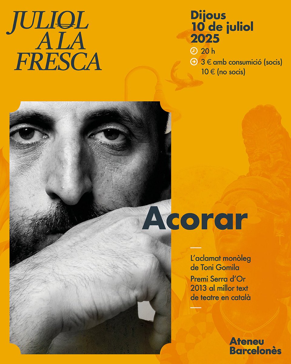 Ateneu Barcelonès (@ateneubcn) on Twitter photo 🎭 Teatre del més alt nivell a l’Ateneu
👉 Acorar és un dels monòlegs més aplaudits i premiats dels últims anys a l’escena de parla catalana.
🎟️ Més informació i entrades a entrapolis.com/entradas/acora… 🎭 Teatre del més alt nivell a l’Ateneu
👉 Acorar és un dels monòlegs més aplaudits i premiats dels últims anys a l’escena de parla catalana.
🎟️ Més informació i entrades a entrapolis.com/entradas/acora…