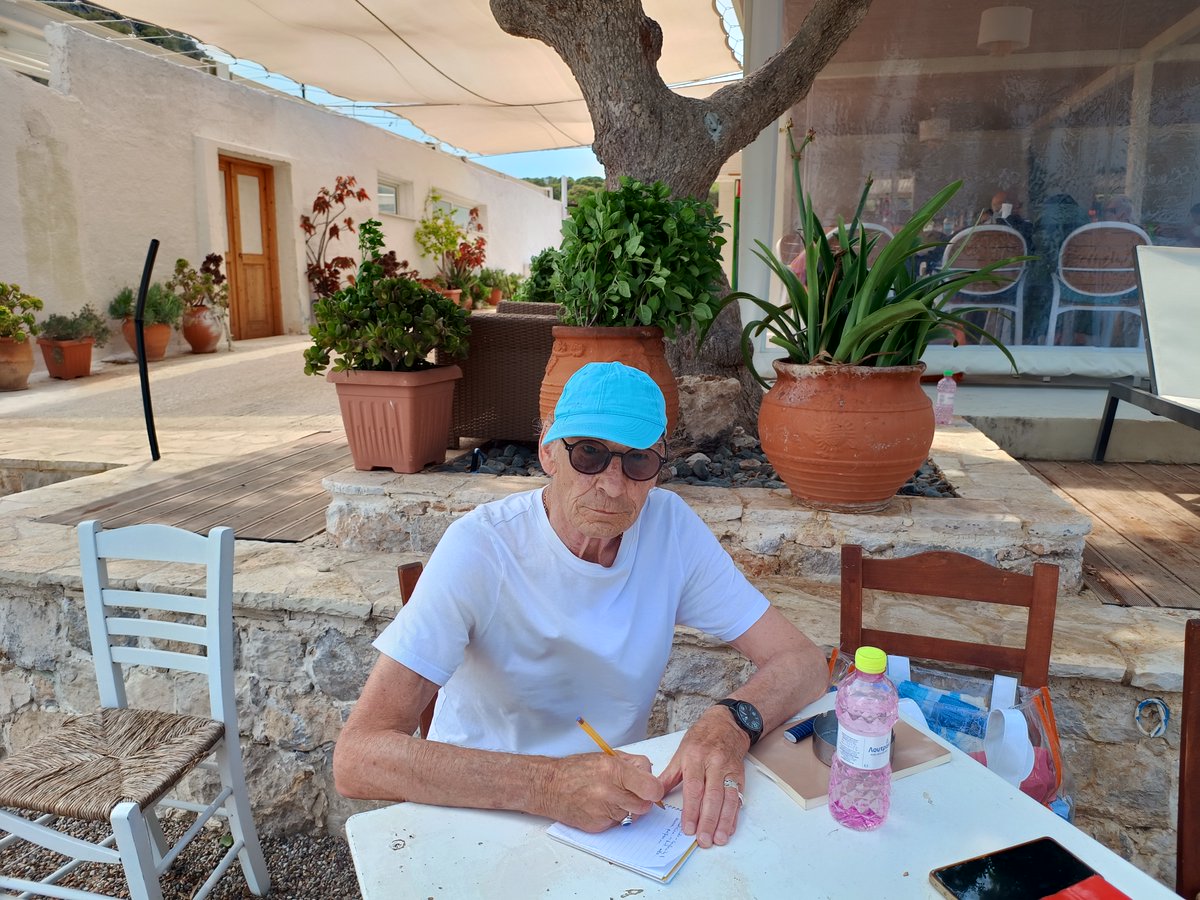 EsotericAuthor's tweet photo. The author at work in his alfresco office this afternoon. Deadlines, like the Mysteries, wait for no one. The firm’s motto remains unwavering: "We never close".
#literarylife #timwyatt #theosophy #themythofdeath #theeternalthread #Theosophical #consciousness #Greece https://t.co/xjHcnYZDKy