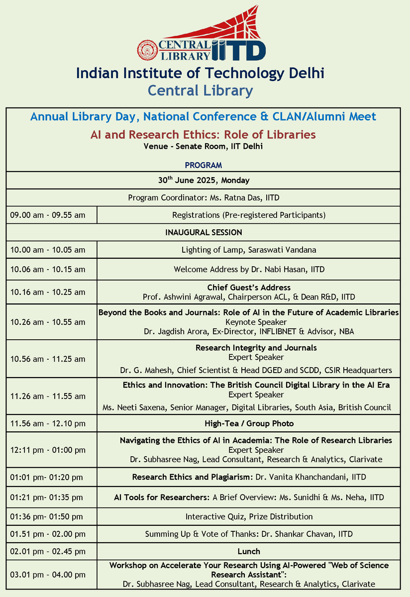 cliitd's tweet image. Annual Library Day, National Conference &amp;amp; 2nd CLAN/Alumni Meet, 30th June 2025 Program Schedule @iitdelhi library.iitd.ac.in/pdf/AnnualLibr…