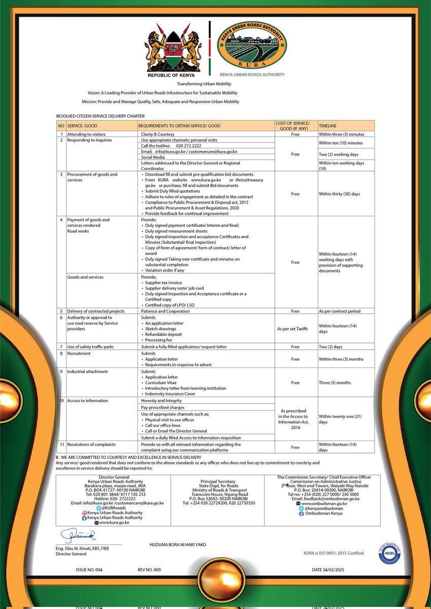 Our Citizen Service Delivery Charter. <a href="/KURAroads/">Kenya Urban Roads Authority (KURA)</a>