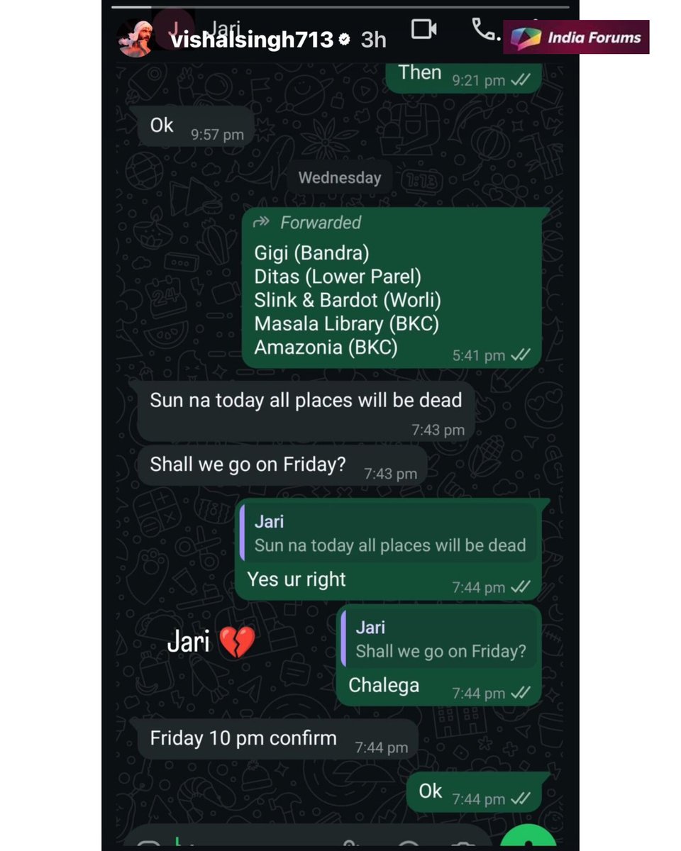 indiaforums's tweet photo. Vishal Aditya Singh took to his Instagram story and shared his last chat with Shefali Jariwala as they had planned to meet for Friday ๐ฅบ
.
.
#ShefaliJariwala #RipShefaliJariwala #VishalAdityaSingh #LastChat #MeetUpPlan #TellyNews #Trending #If #IndiaForums https://t.co/LPQD6ooyWE