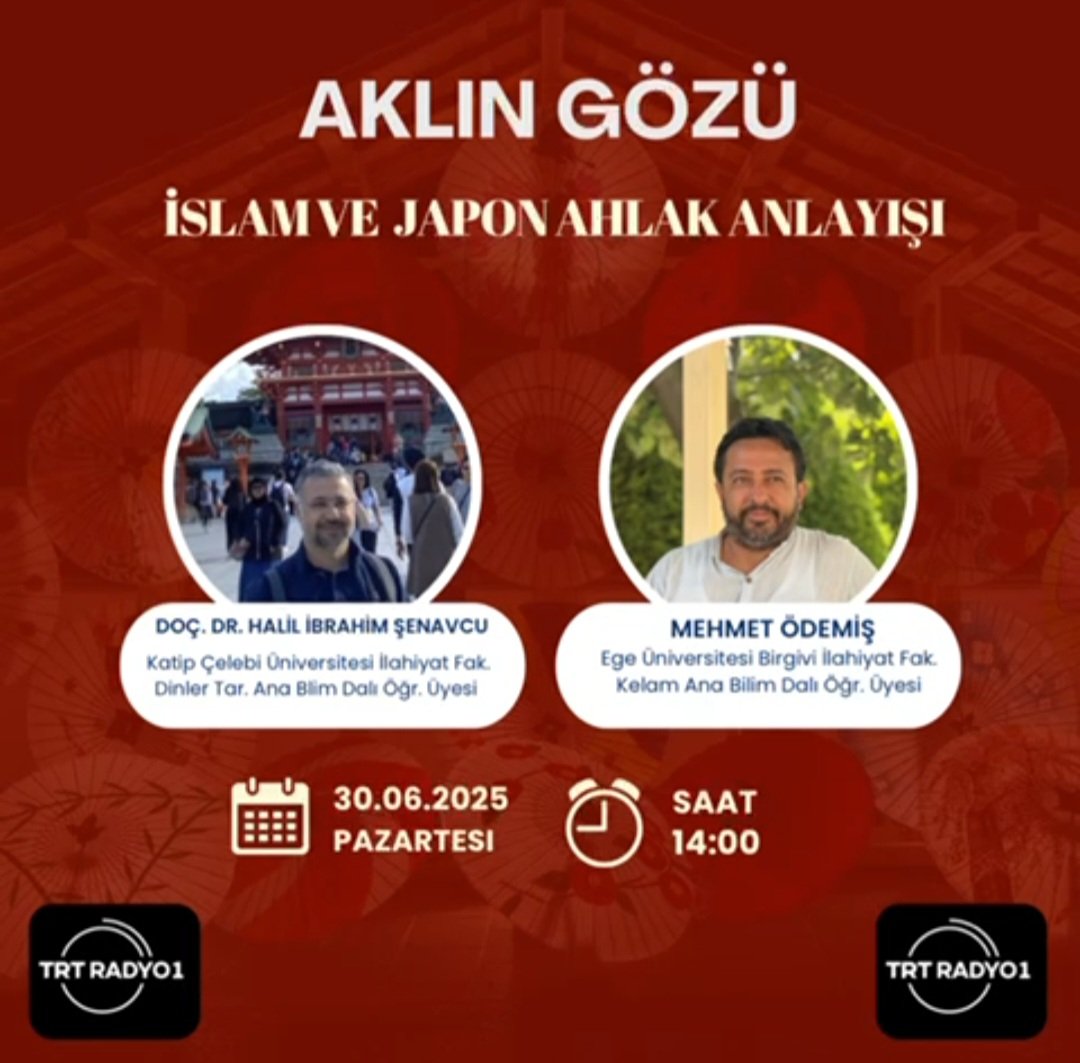 30 Haziran 2025 saat 14:00'da TRT RADYO 1'de Dr. Öğr. Üyesi Mehmet Ödemiş'in sunduğu "Aklın Gözü" programına konuk olacağım. Konu: "İslam ve Japon Ahlakı"... Trt