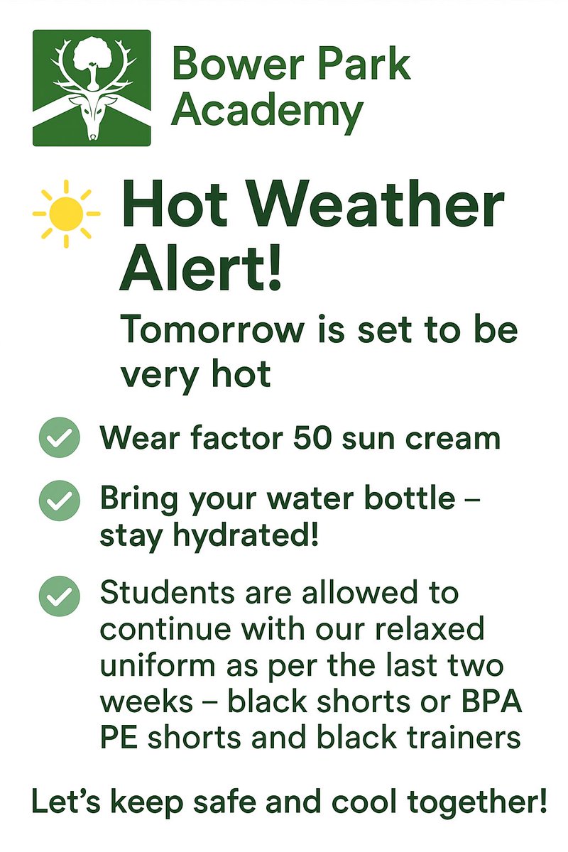 Please send your child into school prepared for the hot weather - thank you for your support #powerofbower