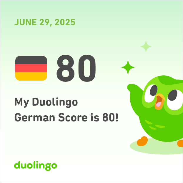 SebJames55's tweet photo. My Duolingo German Score is 80!
And that's the maximum possible 
@duolingo #duolingo #practicegerman https://t.co/dXMPQSH5IV