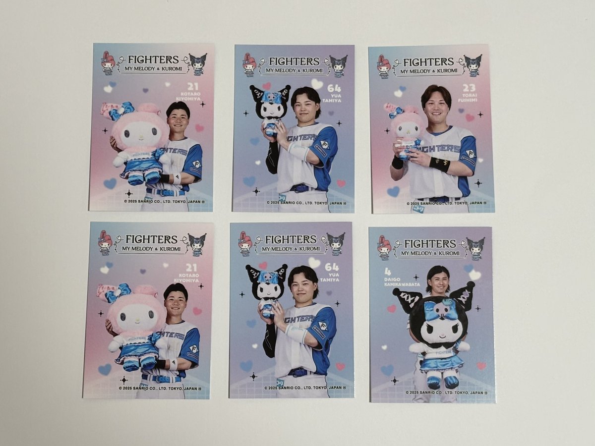 01__269's tweet photo. ファイターズ かわいいシリーズ トレカ 交換

【譲】マイメロ  21清宮×2、23伏見
        クロミ  64田宮×2、4上川畑

【求】30郡司(マイメロ・クロミ)＞5野村、99レイエス

エスコンで交換出来る方(7/4.6.11)
ご連絡お待ちしております🙇‍♂️ https://t.co/Xv7kZkX5s2