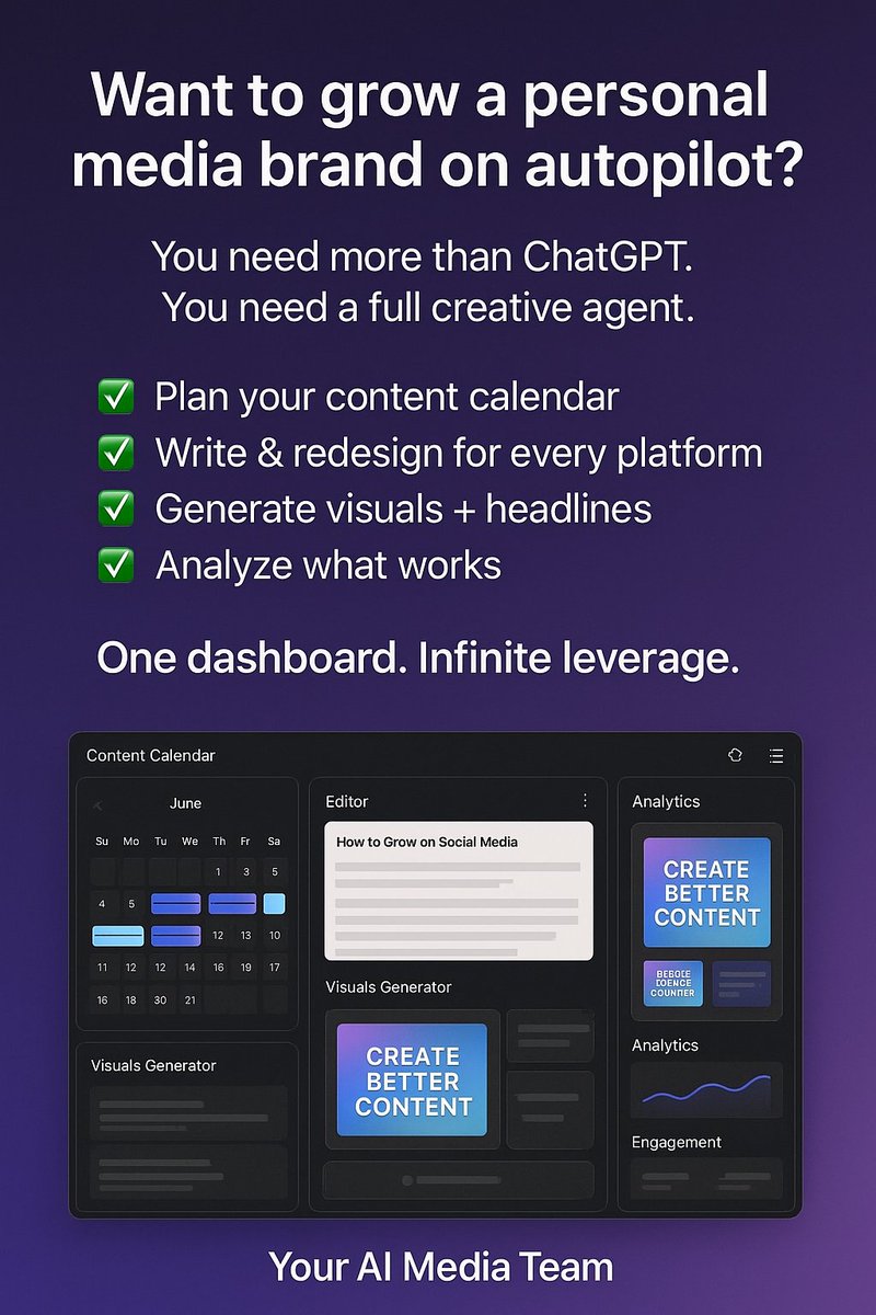 LoomuAI's tweet photo. Want to grow a personal media brand on autopilot?

You need more than ChatGPT.
You need a full creative agent.

LoomuAI helps you:
✅ Plan your content calendar
✅ Write & redesign for every platform
✅ Generate visuals + headlines
✅ Analyze what works

One dashboard. Infinite leverage.

#BuildYourAudience #SolopreneurTools #MediaTech #CreateWithAI