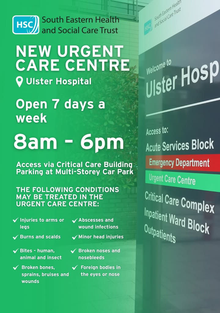 What can an Urgent Care Centre treat? 🏥 

Our new Urgent Care Centre at the Ulster Hospital is now open!

Check out the poster below for a list of some of the conditions that can be treated at the Urgent Care Centre ⬇️