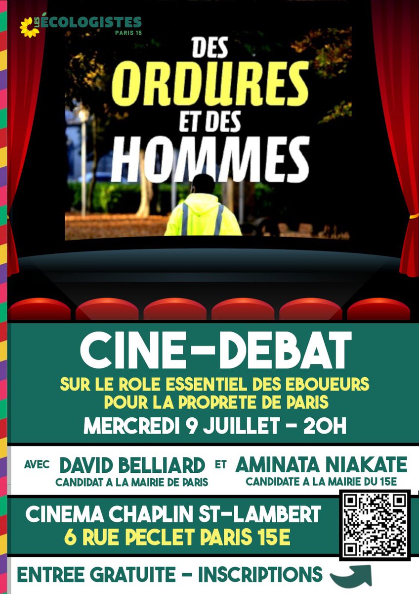 Les Écologistes - EELV Paris 15 (@eelvparis15) on Twitter photo 🍿 Ciné-Débat le 9 juillet à 20h au Chaplin St-Lambert ! Projection du docu « Des ordures et des hommes » suivie d’un débat avec <a href="/David_Belliard/">David Belliard</a> et <a href="/aminataniakate/">Aminata Niakate 🌻🍉</a>, candidat•es à la Mairie de Paris et de #Paris15.
ENTRÉE GRATUITE
✅ Inscription :
my.weezevent.com/cine-debat-les… 🍿 Ciné-Débat le 9 juillet à 20h au Chaplin St-Lambert ! Projection du docu « Des ordures et des hommes » suivie d’un débat avec <a href="/David_Belliard/">David Belliard</a> et <a href="/aminataniakate/">Aminata Niakate 🌻🍉</a>, candidat•es à la Mairie de Paris et de #Paris15.
ENTRÉE GRATUITE
✅ Inscription :
my.weezevent.com/cine-debat-les…