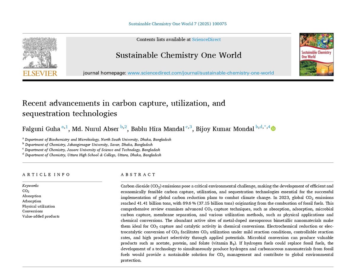 BijoyKumarMon20's tweet photo. 🚨 Publication Alert! 🚨
I’m thrilled to share that our latest review article, "Recent advancements in carbon capture, utilization, and sequestration technologies," has just been published in the prestigious journal "Sustainable Chemistry One World".https://t.co/ZiD9Yw23Zh https://t.co/47E4lrn5kM