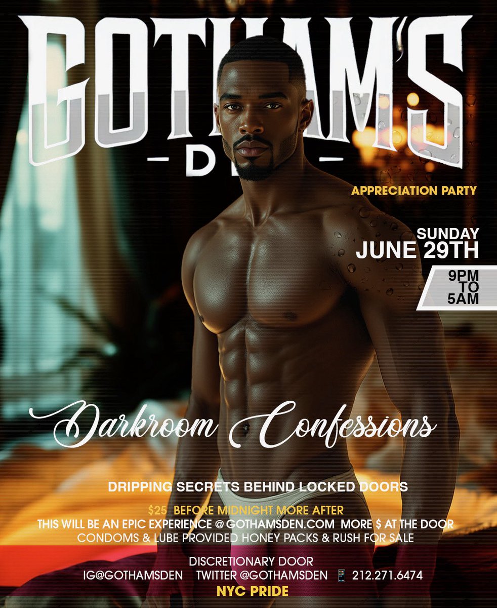 Gotham's Den (@gothamsden) on Twitter photo ๐ฅ Gotham's Den: NYC Pride Part 2 ๐ฅ
Tonight at 9PM โ 15 Troutman St, Brooklyn, NY 11206
Itโs time to celebrate, connect, and indulge in the ultimate Pride Party ๐๐๐ฉท๐งก๐
Get Your Tickets Now:
๐๏ธ Tickets: nycpridepart2.eventbrite.com
๐ค Use code: Gotham for a special offer! ๐ฅ Gotham's Den: NYC Pride Part 2 ๐ฅ
Tonight at 9PM โ 15 Troutman St, Brooklyn, NY 11206
Itโs time to celebrate, connect, and indulge in the ultimate Pride Party ๐๐๐ฉท๐งก๐
Get Your Tickets Now:
๐๏ธ Tickets: nycpridepart2.eventbrite.com
๐ค Use code: Gotham for a special offer!