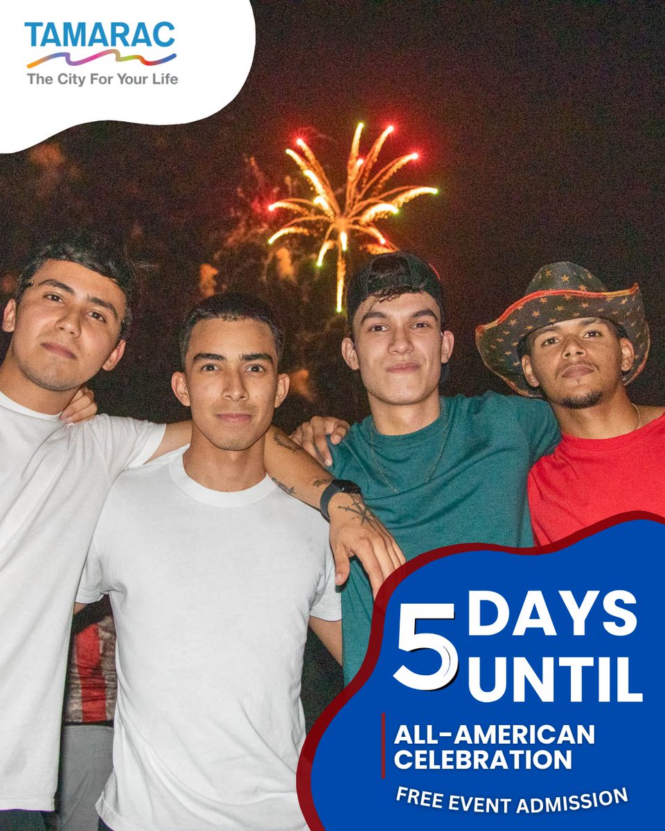 In 5 days, sparks will fly red, white and blue at the City’s official Fourth of July bash, All-American Celebration! Delight in delicious bites from food trucks, carnival games and live entertainment at the Tamarac Sports Complex, 9901 NW 77th St., kicking off at 6:30 p.m.