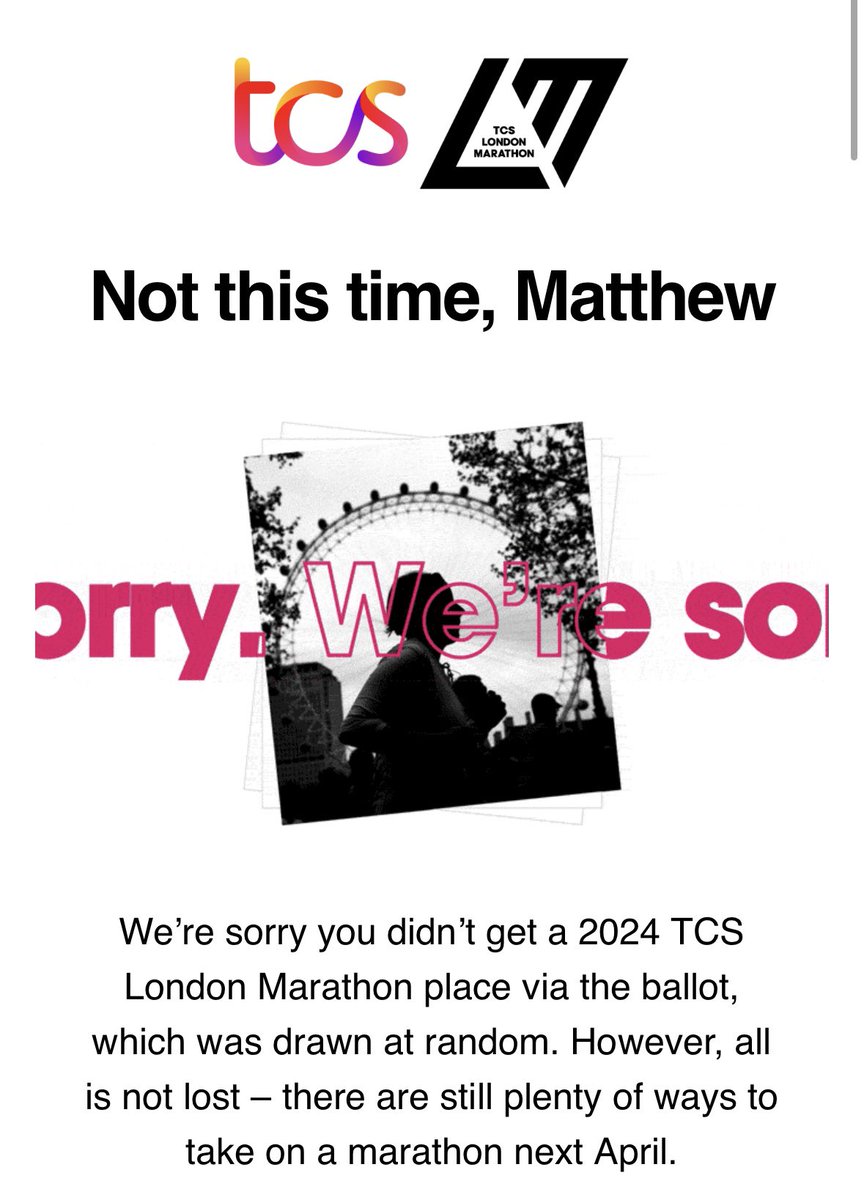 mattjcass's tweet photo. @LondonMarathon (3/3). Also applied in 2015 and 2014 but can’t find the emails anymore. Crazy. Missed 2023 I think but 12 times now… :( https://t.co/SEtNqvVxLN