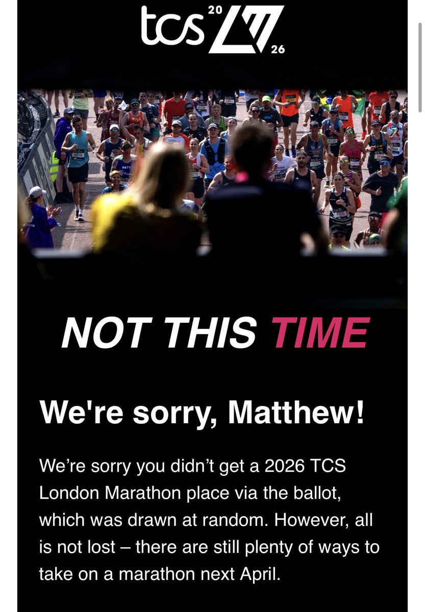 mattjcass's tweet photo. @LondonMarathon (3/3). Also applied in 2015 and 2014 but can’t find the emails anymore. Crazy. Missed 2023 I think but 12 times now… :( https://t.co/SEtNqvVxLN