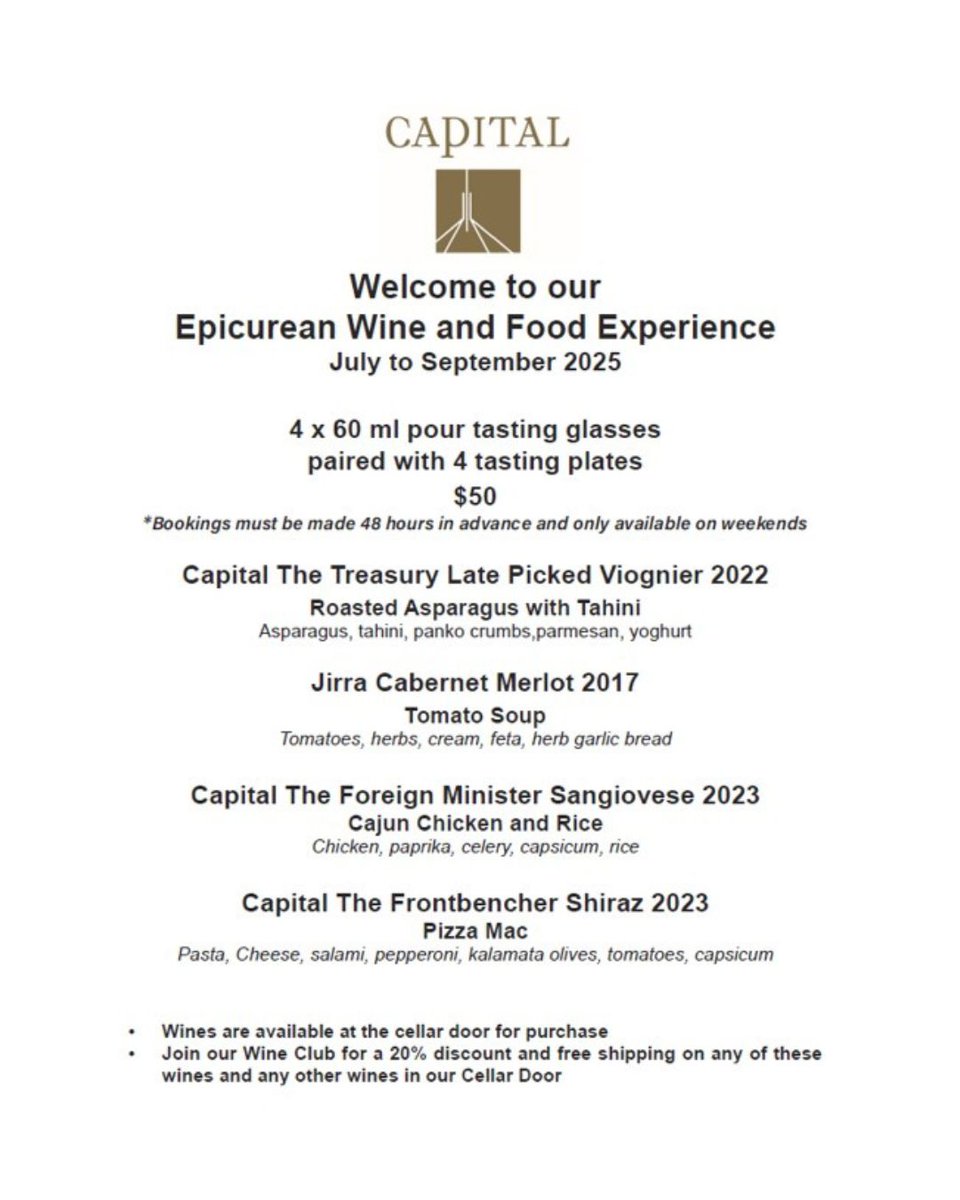 Our new Epicurean menu is now available and will run from July to September. Book now to enjoy a 4 course meal paired with 4 fantastic wines.

Our Epicurean is only available on weekends and must be booked 48hrs in advance.

Book here: obee.com.au/capitalwines/