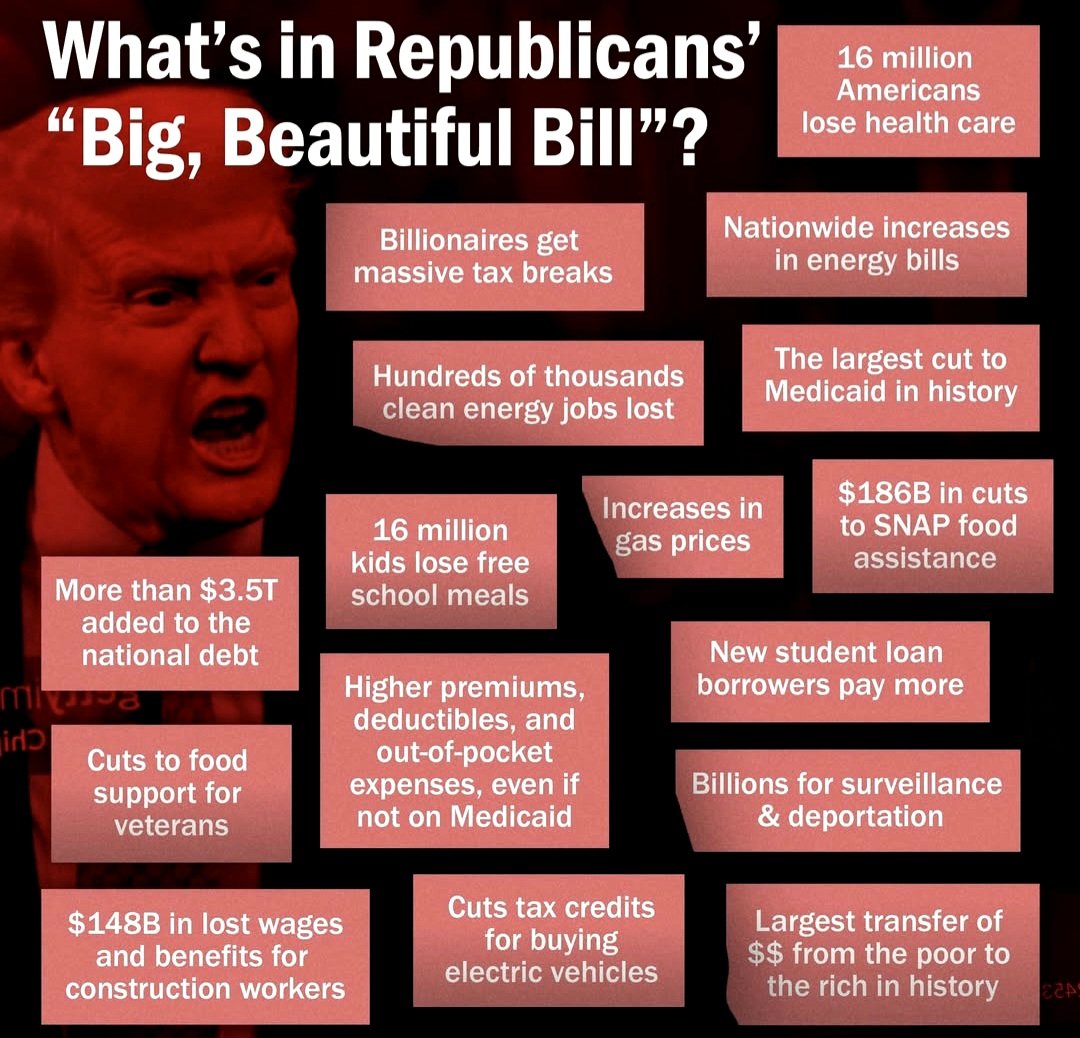 Vic_Stone1's tweet photo. #BigBeautifulBill isn't all that beautiful. It's actually pretty damn ugly...hideous really. #Trump #TrumpSWAMP #GOPLieAboutEverything #GOPShitShow #MedicaidCuts #Healthcare #SNAP #DonTheCon #Disgraceful #GOPGrifters https://t.co/Mh95WjJlBz