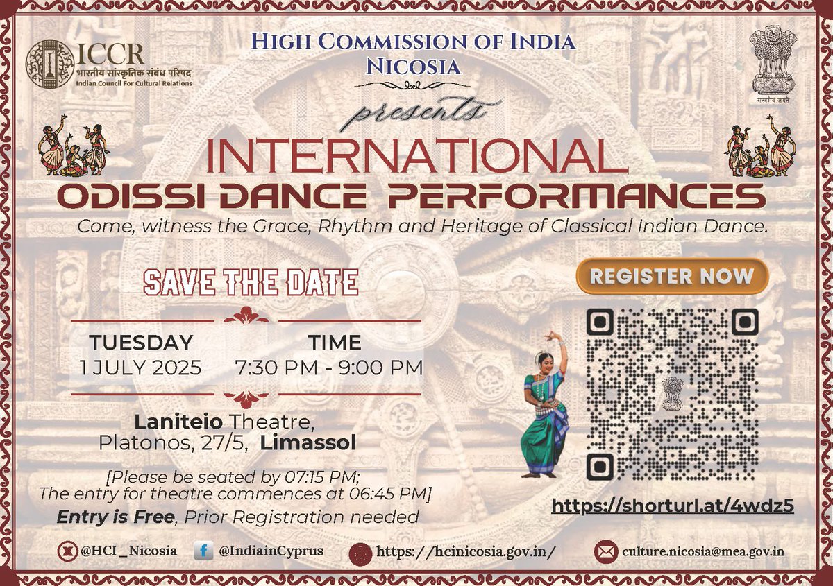 IndiainCyprus's tweet photo. 🇮🇳✨ Experience the Grace of Odissi Dance in #Limassol ! ✨🇮🇳

@HCI_Nicosia is delighted to present a mesmerizing evening of classical Indian dance, featuring the internationally acclaimed #Odissi #maestro, Smt. #Sujata #Mohapatra.

🩰 Join us for an unforgettable #cultural celebration of one of India’s most revered classical dance traditions — Odissi, known for its fluid grace, intricate rhythms, and spiritual storytelling.

🌟 FREE ENTRY | Registration needed
📍 1st July (Tue) | Limassol
🕢 7:30 PM – 9:00 PM (Please be seated by 7:15 PM)
📌 Laniteio Theatre, Platonos 27/5, Limassol
🔗 Register: https://t.co/7goIyUAf81

🎭 About the Artist:
Smt. Sujata Mohapatra is a global icon in the world of Odissi. A disciple and daughter-in-law of the legendary Guru Kelucharan Mohapatra, she now leads Srjan, one of India’s premier Odissi institutions. Her performances reflect the divine elegance and timeless beauty of this ancient art form that dates back over 2,000 years.

🌺 Witness the rare opportunity to witness Indian classical dance at its finest — right here in #Cyprus!
#Odissi #IndianCulture #ClassicalDance #IndiaInCyprus #CulturalDiplomacy #CyprusEvents #Limassol #Nicosia @NicosiaMunicipa @cnainenglish @Kathimerini_Cy @cyprusmail