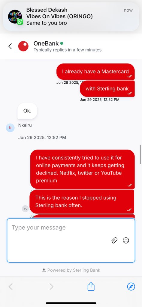 PaskidoNazz's tweet photo. THREAD 🧵
Imagine having a Mastercard from a Nigerian bank… and you can’t use it for international payments. 😩

@Sterling_Bankng told me FX is blocked “due to the current market.”
Why issue the card then?

#Instablog9ja #PulseNG #Yabaleft #Zikoko #CBN #VDM https://t.co/F6ZC1nmvrd