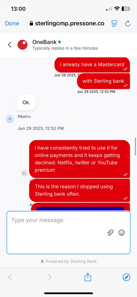 PaskidoNazz's tweet photo. THREAD 🧵
Imagine having a Mastercard from a Nigerian bank… and you can’t use it for international payments. 😩

@Sterling_Bankng told me FX is blocked “due to the current market.”
Why issue the card then?

#Instablog9ja #PulseNG #Yabaleft #Zikoko #CBN #VDM https://t.co/F6ZC1nmvrd