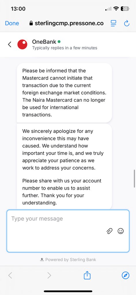 PaskidoNazz's tweet photo. THREAD 🧵
Imagine having a Mastercard from a Nigerian bank… and you can’t use it for international payments. 😩

@Sterling_Bankng told me FX is blocked “due to the current market.”
Why issue the card then?

#Instablog9ja #PulseNG #Yabaleft #Zikoko #CBN #VDM https://t.co/F6ZC1nmvrd