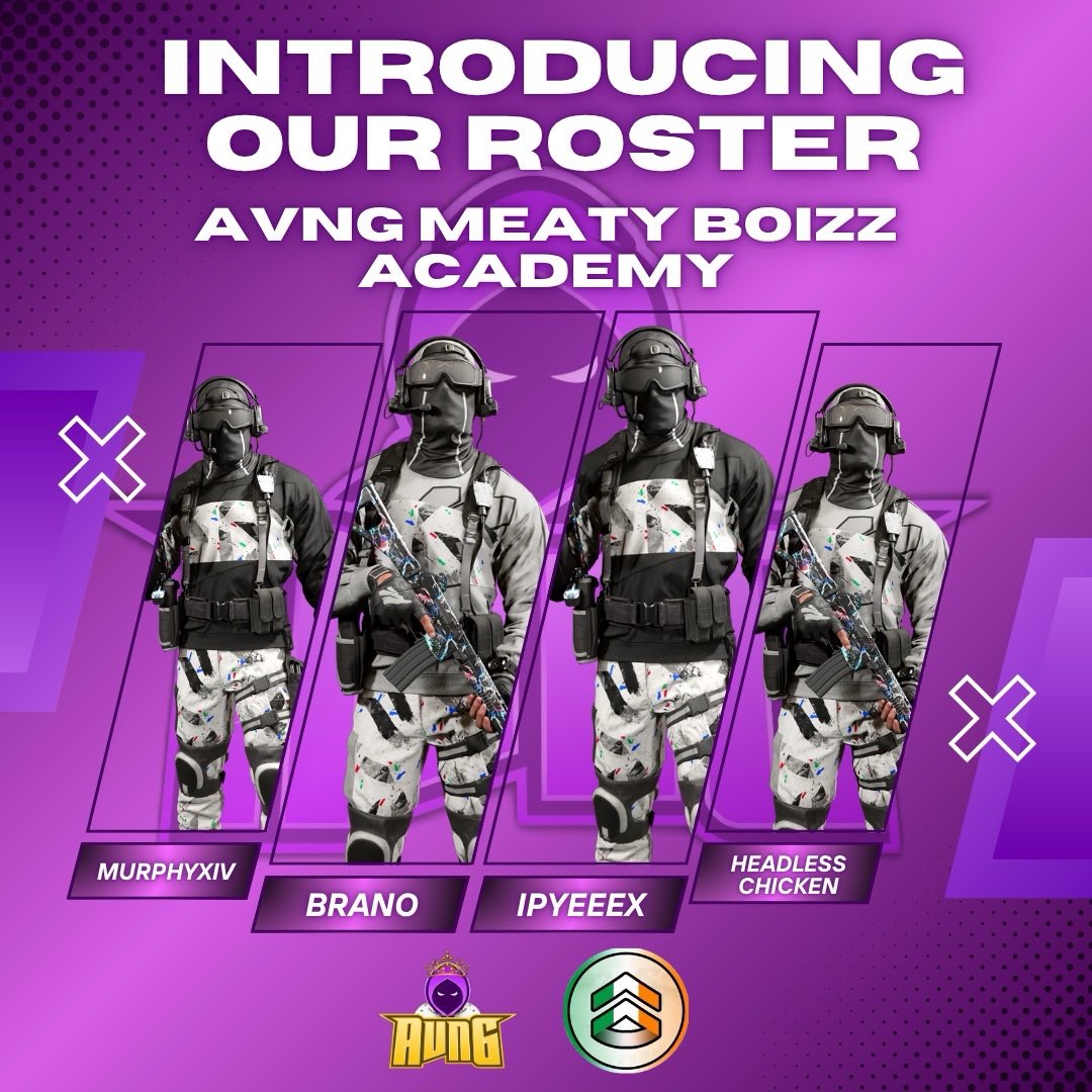 AVNG Esports (@avngesports) on Twitter photo 🎊 AVNG MEATY BOIZZ ACADEMY 🎊
🇮🇪 Introducing the COD Ireland Lan squad!!! 🇮🇪
⚪ - <a href="/Brano_99/">Lee Branagan</a>
🟣 - <a href="/KennethPye/">Kenneth Pye</a>
⚪ - <a href="/MurphyyXIV/">Murphy</a>
🟣 - <a href="/Headless2101/">HeadlessChicken</a> 🎊 AVNG MEATY BOIZZ ACADEMY 🎊
🇮🇪 Introducing the COD Ireland Lan squad!!! 🇮🇪
⚪ - <a href="/Brano_99/">Lee Branagan</a>
🟣 - <a href="/KennethPye/">Kenneth Pye</a>
⚪ - <a href="/MurphyyXIV/">Murphy</a>
🟣 - <a href="/Headless2101/">HeadlessChicken</a>