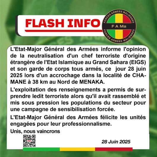 ICGeopolitics's tweet photo. Mali 🇲🇱 :
Les FAMa neutralisent un chef étranger de #Daesh à #Chimam (Région de #Ménaka)
Lors d’une opération de précision, menée sur la base de renseignements fiables, elles ont neutralisé un chef étranger de Daesh dans la localité de Chimam, à 40 kilomètres de Menaka. https://t.co/9TJfgkfxwU