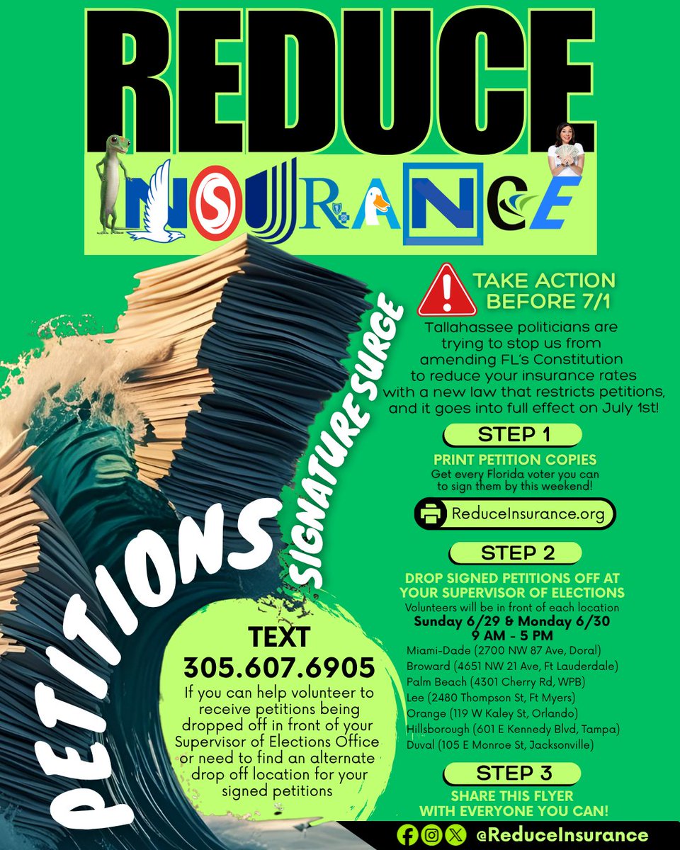 🌊 Join the #SignatureSurge across Florida @ ReduceInsurance.org to help #ReduceInsurance in FL, despite Tallahassee politicians' efforts to try and stop us from doing what they won't!