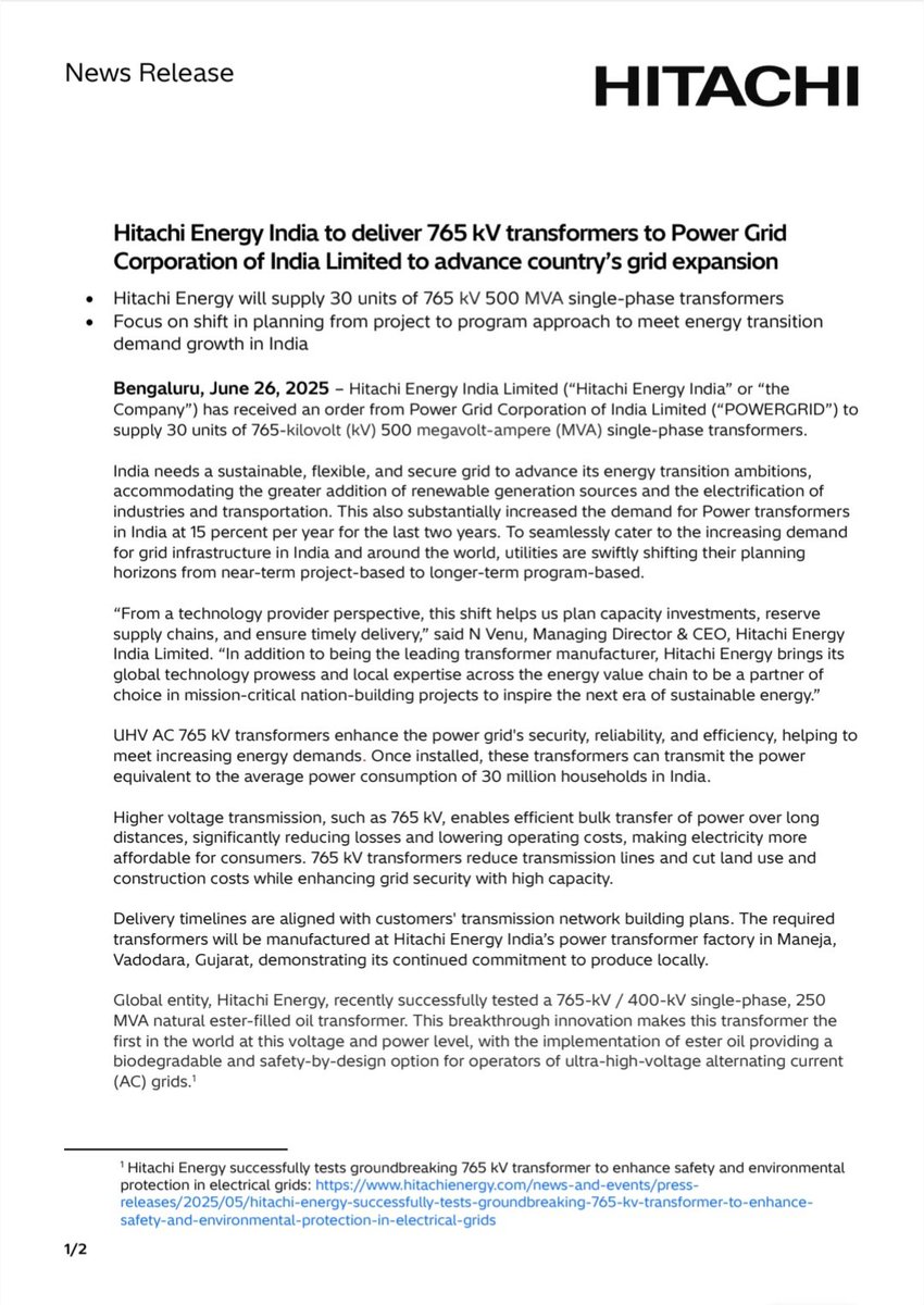 fintalk_india's tweet image. 🚨 Hitachi Energy bags major order from PowerGrid.

📦 30 units of 765 kV / 500 MVA transformers.
⚡ To power India's energy transition &amp;amp; grid expansion.
🏭 Made locally in Vadodara.
🌱 Supports renewable integration &amp;amp; electrification.

#HitachiEnergy #PowerGrid #EnergyTransitio