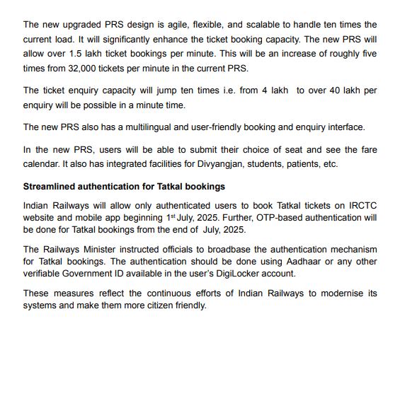 The railway board has proposed preparing the reservation chart eight hours before the departure. For trains departing before 1400 hours, the chart will be prepared the previous day at 2100 hours. The new PRS (Passenger Reservation System) will allow over 1.5 lakh ticket bookings