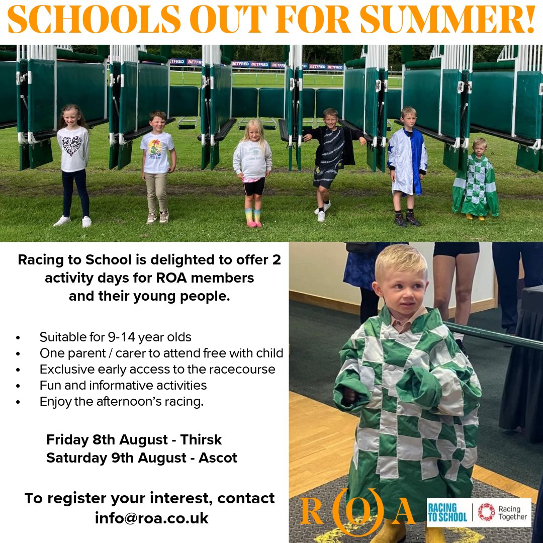Racehorse Owners Association (@racehorseowners) on Twitter photo π <a href="/RacingtoSchool/">Racing to School</a> is hosting 2 special mornings for ROA members & kids (9-14)!
Get exclusive behind-the-scenes access before racing at Thirsk (8 Aug) & Ascot (9 Aug)
1 parent/carer free per child
Spaces limited (~25)
Email info@roa.co.uk to register! ποΈ π <a href="/RacingtoSchool/">Racing to School</a> is hosting 2 special mornings for ROA members & kids (9-14)!
Get exclusive behind-the-scenes access before racing at Thirsk (8 Aug) & Ascot (9 Aug)
1 parent/carer free per child
Spaces limited (~25)
Email info@roa.co.uk to register! ποΈ