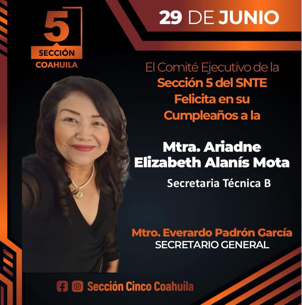 🎁 El Comité Ejecutivo de la Sección 5 del SNTE, felicita en su cumpleaños a la Mtra.. Ariadne Elizabeth Alanís Mota; Secretaria Técnica B del CES.
Le deseamos un gran día en compañía de sus seres queridos y amistades!! 🎂 
#SNTEContigo
#EverardoPadrón