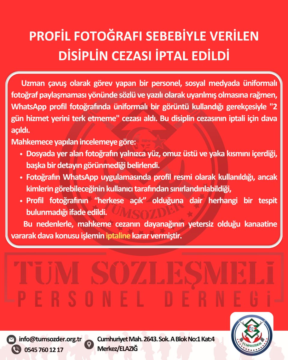 Profil Fotoğrafı Sebebiyle Verilen Disiplin Cezası İptal Edildi

   Uzman çavuş olarak görev yapan bir personel, sosyal medyada üniformalı fotoğraf paylaşmaması yönünde sözlü ve yazılı olarak uyarılmış olmasına rağmen, WhatsApp profil fotoğrafında üniformalı bir görüntü