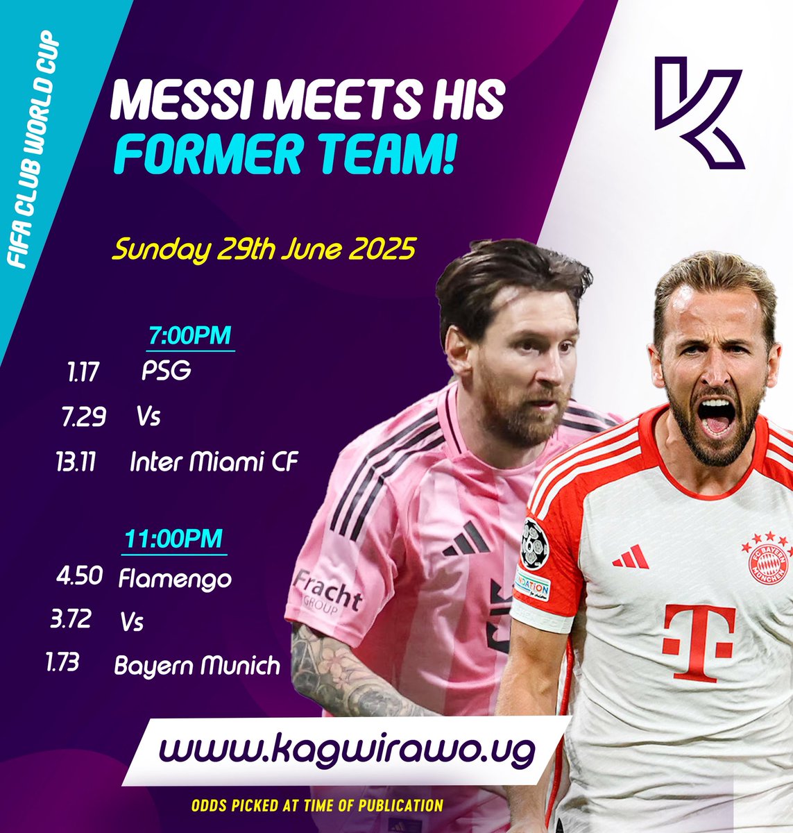 Kagwirawo's tweet image. Messi meets his former club PSG, will he help Inter Miami progress to the next round?
Bet via kagwirawo.ug
#KagwirawoUpdates | #FIFACWC