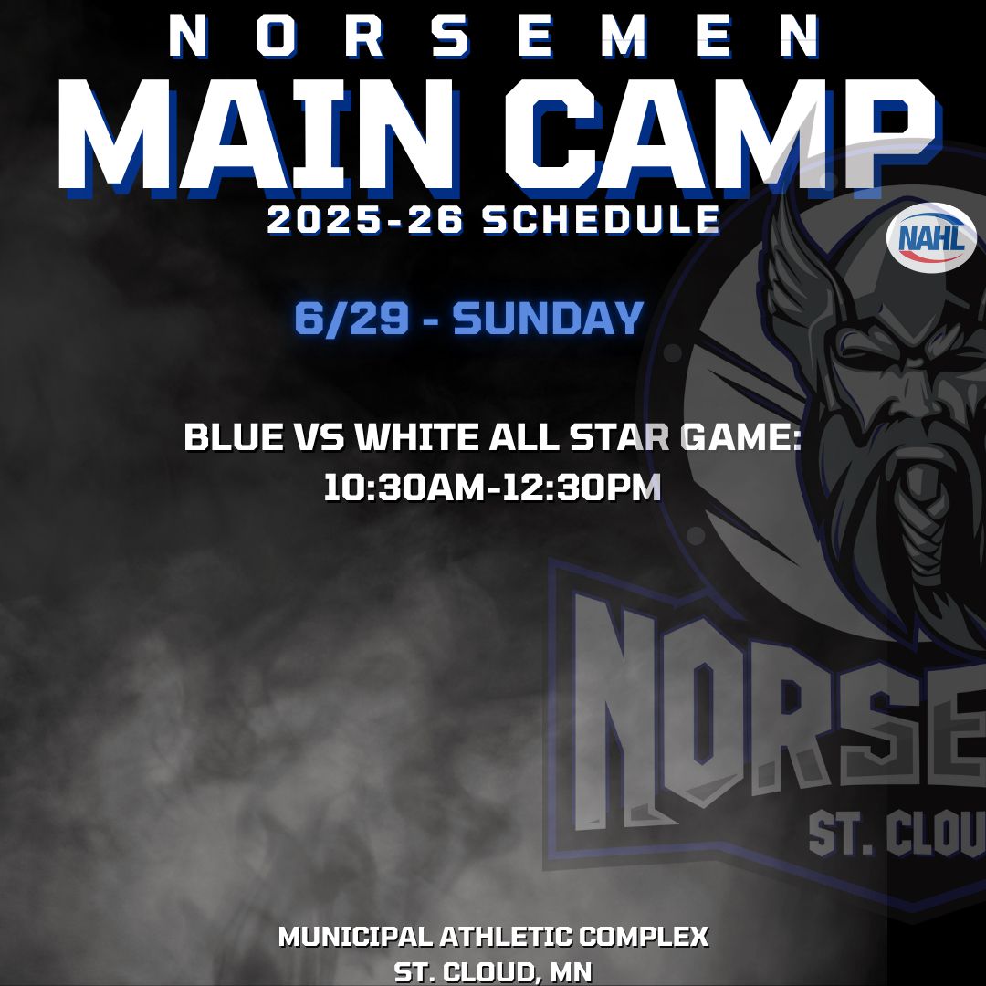 MAIN CAMP DAY FOUR STARTS NOW!!
Catch the final game at the MAC today!

 #wethenorse #nahlhockey #norsemen #norsemenhockey #stcloudnorsemen