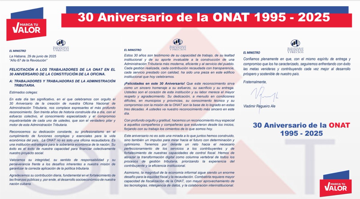 Muchas felicidades a los trabajadores de la <a href="/OnatdeCuba/">ONAT de Cuba</a> en el 30 Aniversario de la institución, les deseamos desde el <a href="/finanzasprecios/">Ministerio de Finanzas y Precios Cuba</a>