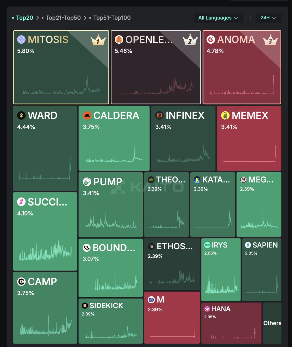 This is what Kaito's top 5 looks like today, Sunday.

➫ <a href="/MitosisOrg/">Mitosis</a> 
➫ <a href="/OpenledgerHQ/">OpenLedger</a> 
➫ <a href="/anoma/">Anoma</a> 
➫ <a href="/wardenprotocol/">Warden</a> 
➫ <a href="/SuccinctLabs/">Succinct</a> 

But my favorite is #6 <a href="/Calderaxyz/">Caldera</a> 

* Sometimes you can use @ (but don't abuse it)