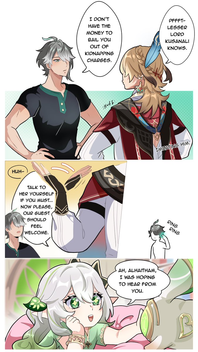 ‘Room for one more?’ 🌱🪷🌱 (3/22)
.
.
Kaveh and alhaitham gets a new housemate.

#Alhaitham #wanderer #Kaveh 
(It’s kind of a long comic ;-; so I’ll be posting the comic in parts over time.)