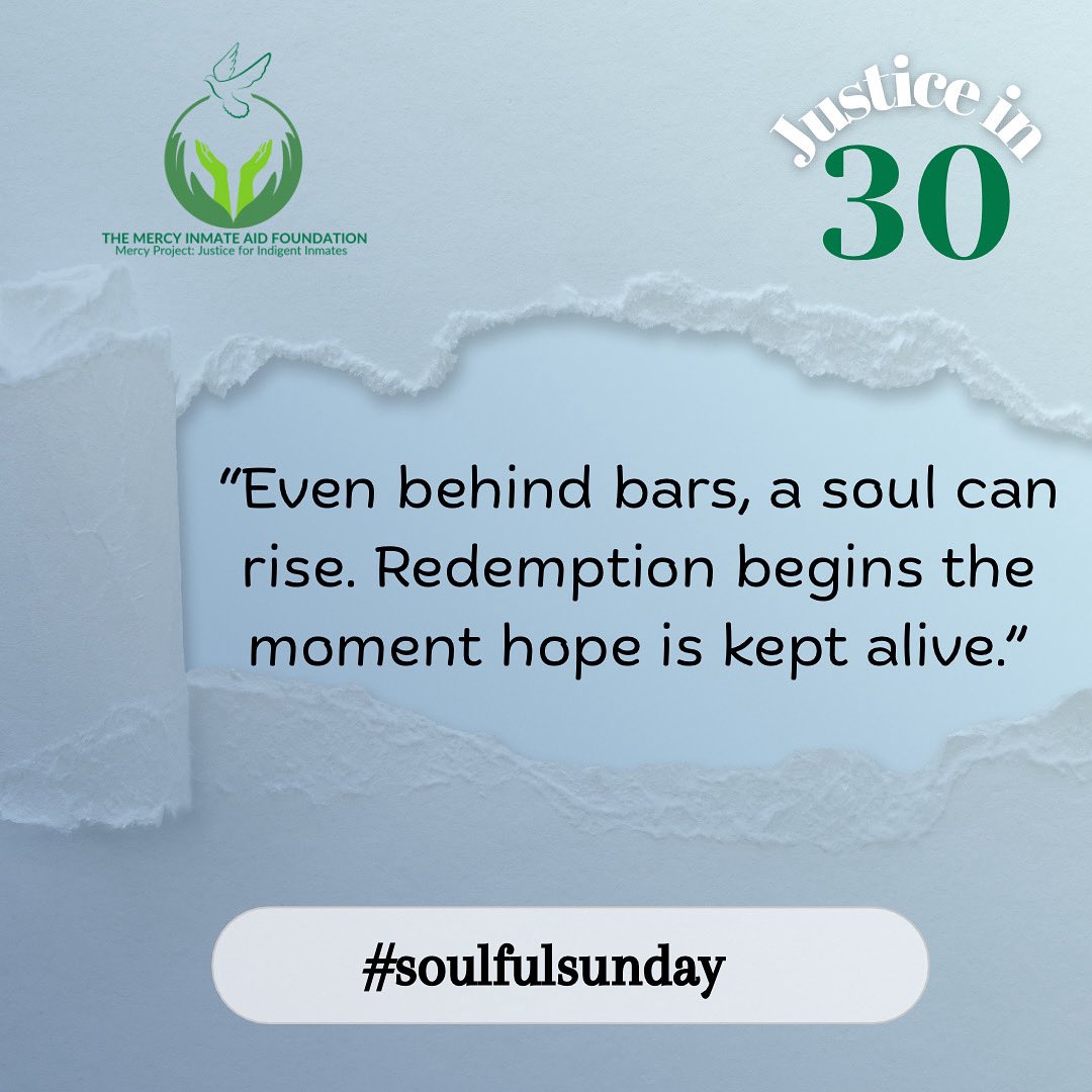 mercyprojectng's tweet photo. Justice in 30 || Day 14

Today, we honor the strength it takes to hold on to hope in a place built to break it.
Behind every locked prison gate, is a life still worthy of love, healing, justice and rehabilitation.

#soulfulsunday #justicein30 #mercyinmateaid #hopebehindbars https://t.co/8u3RAGghZP