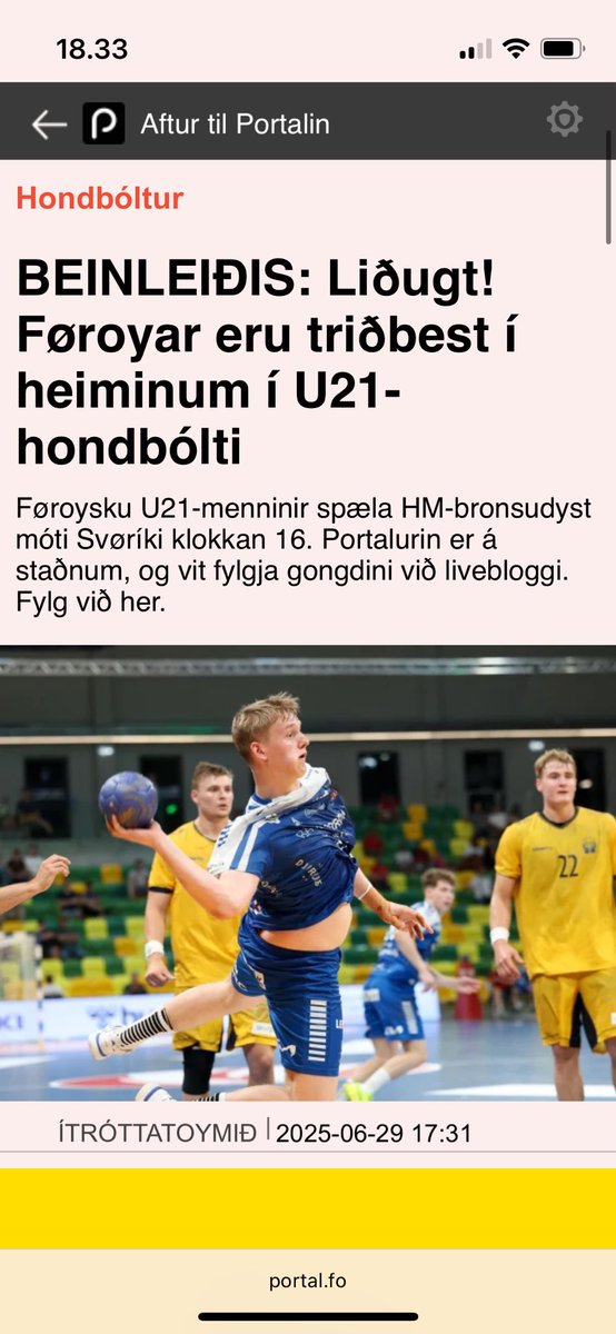 Færøerne har det tredjebedste U-21 landshold i håndbold i verden!!! I VERDEN 🥉Det er vanvittigt. Færøerne har netop slået Sverige med et mål i bronzekampen. Hold kæft, jeg er stolt 🔥🇫🇴 Den generation er i gang med noget helt, helt stort!