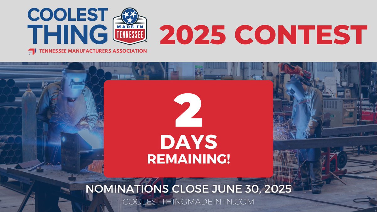 TNChamber's tweet photo. Tomorrow is the final day to nominate the Coolest Thing Made in Tennessee! 🏆
From iconic local favorites to cutting-edge innovations, we want to hear about the most amazing products made right here in the Volunteer State. 
✅ Nominate now: https://t.co/WUI5T56AIx https://t.co/6ypVO9uRTw