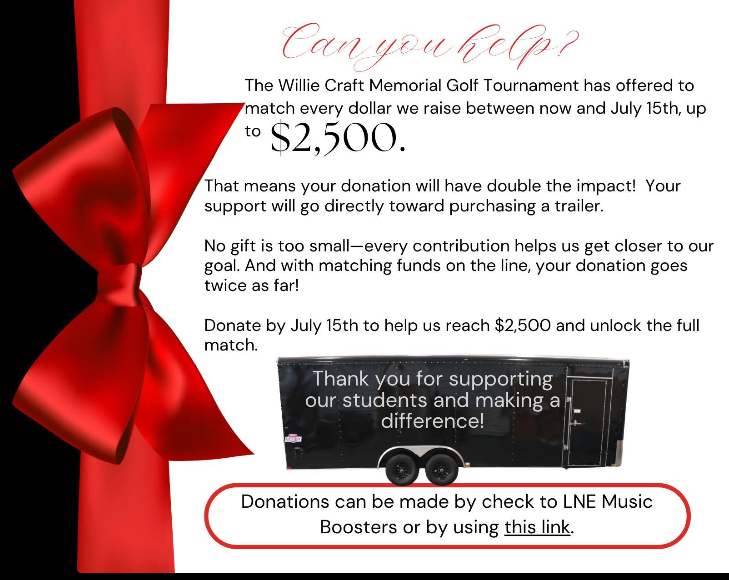 Donation checks can be made out to the LNE Music Boosters and mailed to PO Box 29464, Lincoln, 68529, or paid electronically using this link:  square.link/u/FnY32g3k
If you'd rather give your donation to a Booster, we'd be HAPPY to come pick it up!
Thank you, thank you!