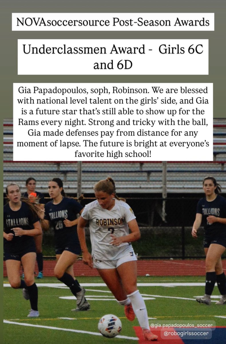 Giovanna (Gia) Papadopoulos 2027 (@giapapa2027) on Twitter photo Thank you so much <a href="/novahooplegends/">novalegends</a> for the recognition and support! <a href="/RobinsonRams/">Robinson Rams</a> Girls Varsity Soccer had a great season!!
<a href="/VHSL_/">VHSL Athletics</a> <a href="/ImYouthSoccer/">ECNL/GA/Recruiting/College Soccer</a> <a href="/TopDrawerSoccer/">TopDrawerSoccer</a> <a href="/PrepSoccer/">Prep Soccer ⚽️</a> Thank you so much <a href="/novahooplegends/">novalegends</a> for the recognition and support! <a href="/RobinsonRams/">Robinson Rams</a> Girls Varsity Soccer had a great season!!
<a href="/VHSL_/">VHSL Athletics</a> <a href="/ImYouthSoccer/">ECNL/GA/Recruiting/College Soccer</a> <a href="/TopDrawerSoccer/">TopDrawerSoccer</a> <a href="/PrepSoccer/">Prep Soccer ⚽️</a>