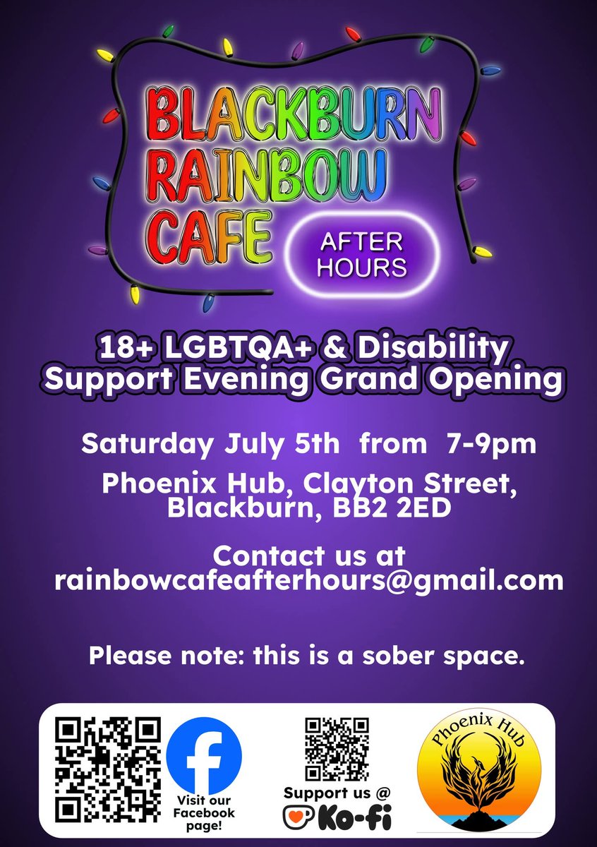 proudrovers's tweet photo. 🌈 This Saturday! Join Blackburn Rainbow Café for their first After Hours event – a safe, sober space for 18+ LGBTQIA+ &amp; disabled adults.
📍 Phoenix Hub, Blackburn
🕖 7–9pm | 5th July
📧 rainbowcafeafterhours@gmail.com
#LGBTQ #DisabilitySupport #BlackburnEvents #SafeSpace https://t.co/QnmfIvjjej