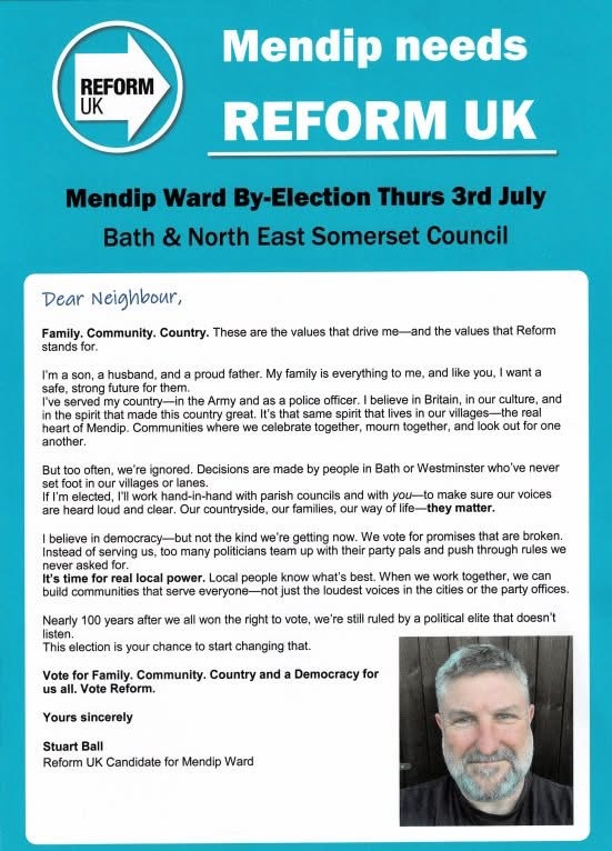 Bath and North-East Somerset Council By-election this Thursday. 
Vote <a href="/stuartball978/">Stuart Ball Reform UK candidate for BaNES</a>