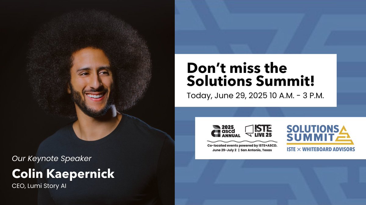 ISTE_ASCD's tweet photo. If you're already settled in for #ISTELive & #ASCDAnnual, add the Solutions Summit to your morning plans. You can hear from keynote speaker, @kaepernick7, along with many other #EdTech leaders, innovators, and experts from diverse perspectives: https://t.co/O8qNKz3Vuw https://t.co/Z75CjwktwI