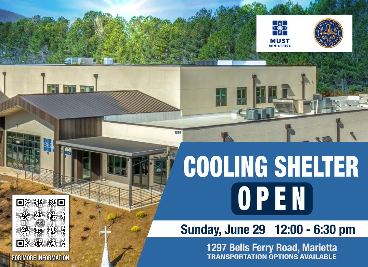 cobbcounty's tweet photo. ❄️ COOLING SHELTER OPEN ❄️
Hope House (1297 Bells Ferry Rd, Marietta) will be open Sunday, June 29 from 12–6:30 PM.

Clients will receive lunch &amp; dinner before departure.
Operated by MUST Ministries &amp; Cobb County.

#CobbCounty #CoolingShelter #HeatSafety #MUSTMinistries https://t.co/eCrfyhCKk4
