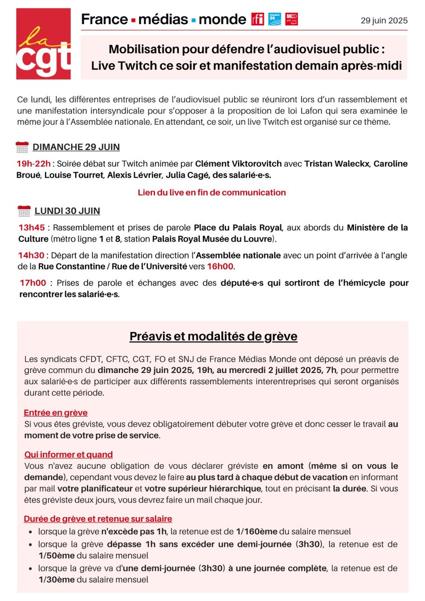 SNRT_CGT_AV's tweet photo. 📣 L’audiovisuel public en danger : on se mobilise !
🟥 Live Twitch ce soir https://t.co/G09lAiKbrF
📍Manif demain 13h45 Place du Palais Royal ➡️ Assemblée
✊ Contre la holding, Pour un audiovisuel public libre et bien financé ! #sauvonslaudiovisuelpublic
@CgtFmm https://t.co/cuAinB8Nd4