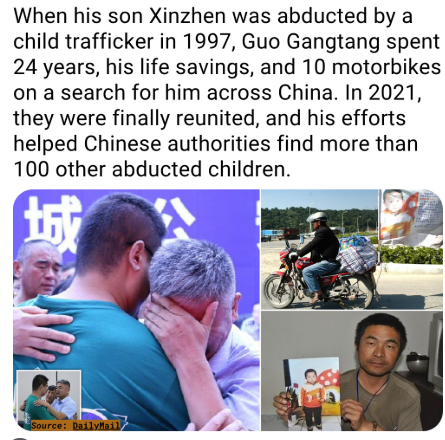 A search that spanned 24 years and over 300,000 miles has reached a miraculous conclusion. Guo Gangtang, whose son was abducted in 1997, has been tearfully reunited with him following a breakthrough in a police investigation.