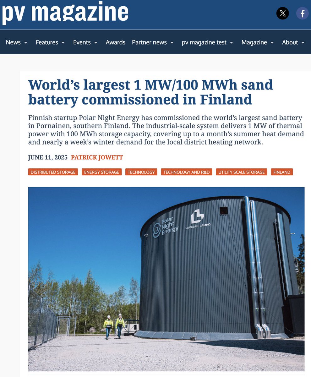 Exciting news from Finland: the world’s largest sand battery (1 MW/100 MWh) is now online!

The Pornainen project by Polar Night Energy is 10x bigger than the first commercial sand battery and sets a new benchmark for affordable, long-duration energy storage.
