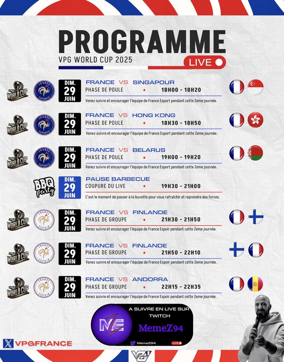 🏆 VPG World Cup 🏆
📺 LIVE STREAM 🎙️ 

Nous vous donnons rendez-vous à 17h30 sur la chaine twitch de <a href="/MemeZ94/">MemeZ</a> il castera les Équipes de France VPG

Il sera probablement accompagné de <a href="/gramildinho/">Gramildinho</a> ou <a href="/tbd00r/">BlckDr</a> !

🎥 Twitch : twitch.tv/memez94

Le programme du soir :